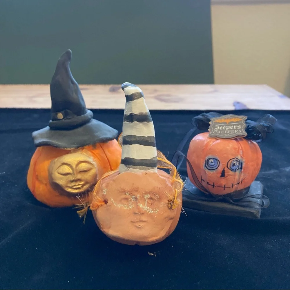 Halloween Three Handmade Folk Art Original Terracotta Ceramic Halloween Pumpkins